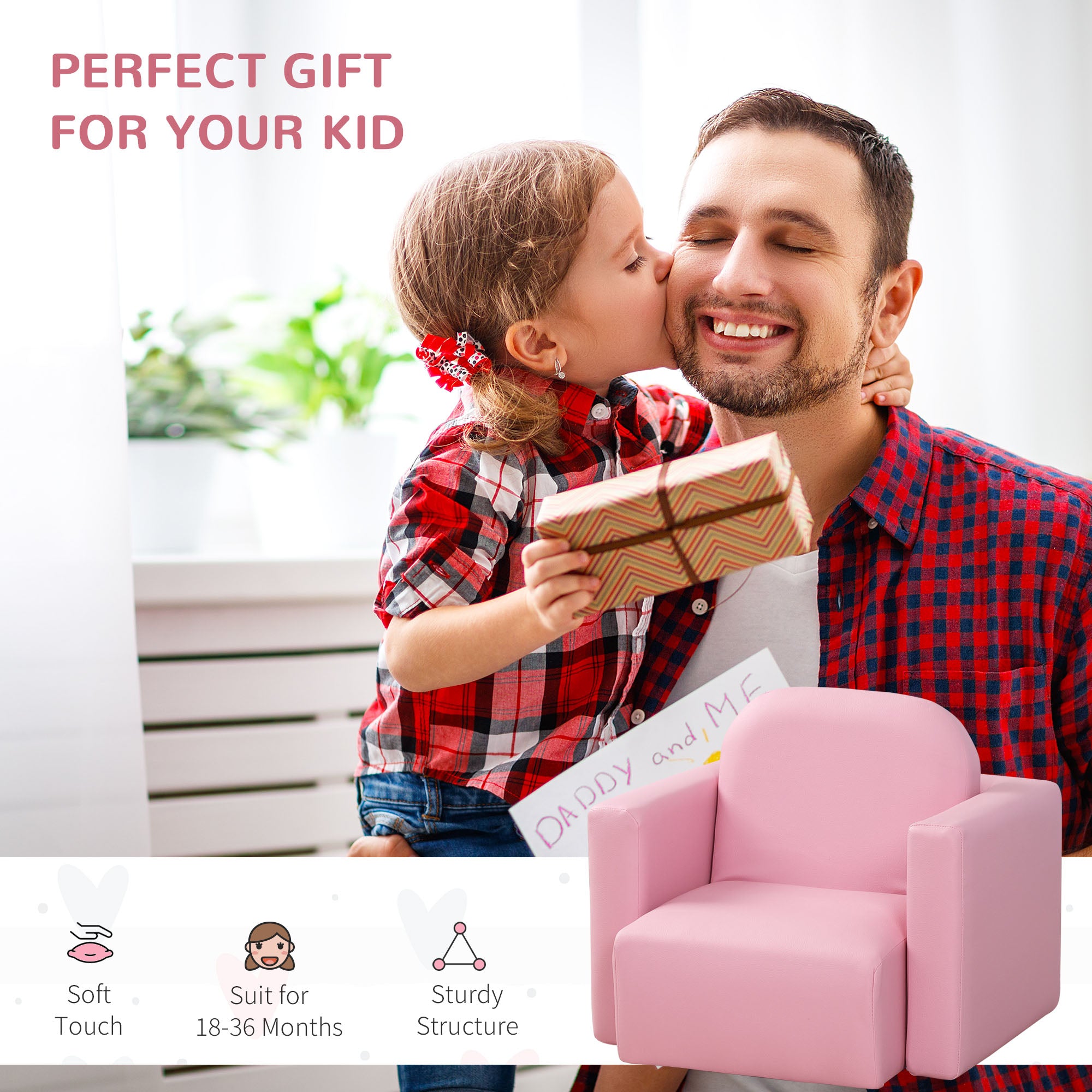 2 In 1 Toddler Sofa Chair, 48 x 44 x 41 cm, for Game Relax Playroom, Pink