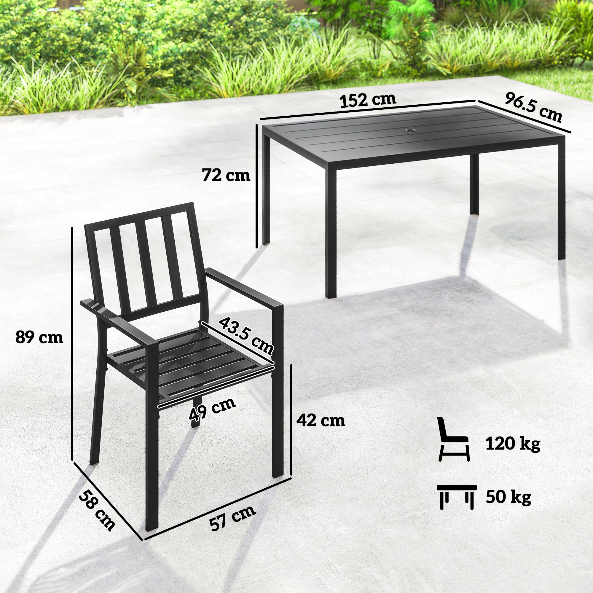 Seven-Piece Minimal Metal Garden Dining Set, with Parasol Hole - Black