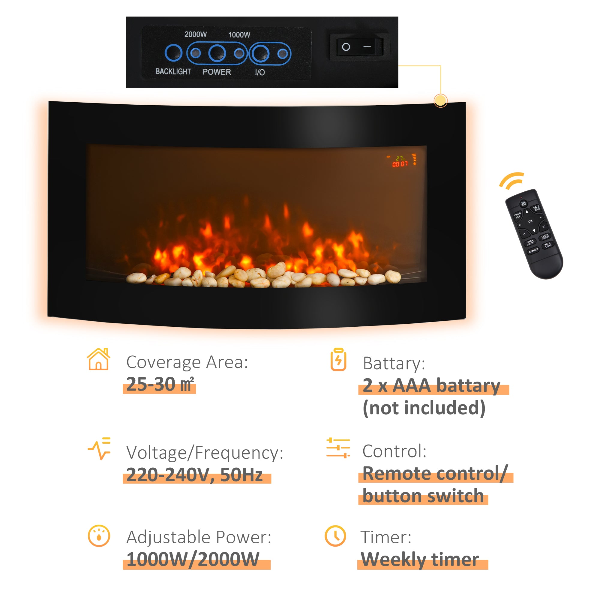 Fynco - Led Wall Mounted Fireplace Curved Glass Electric Fire Place Fire Place 7 Colour Side Lights Slimline, 1000/2000W, 89.2cm x 48cm