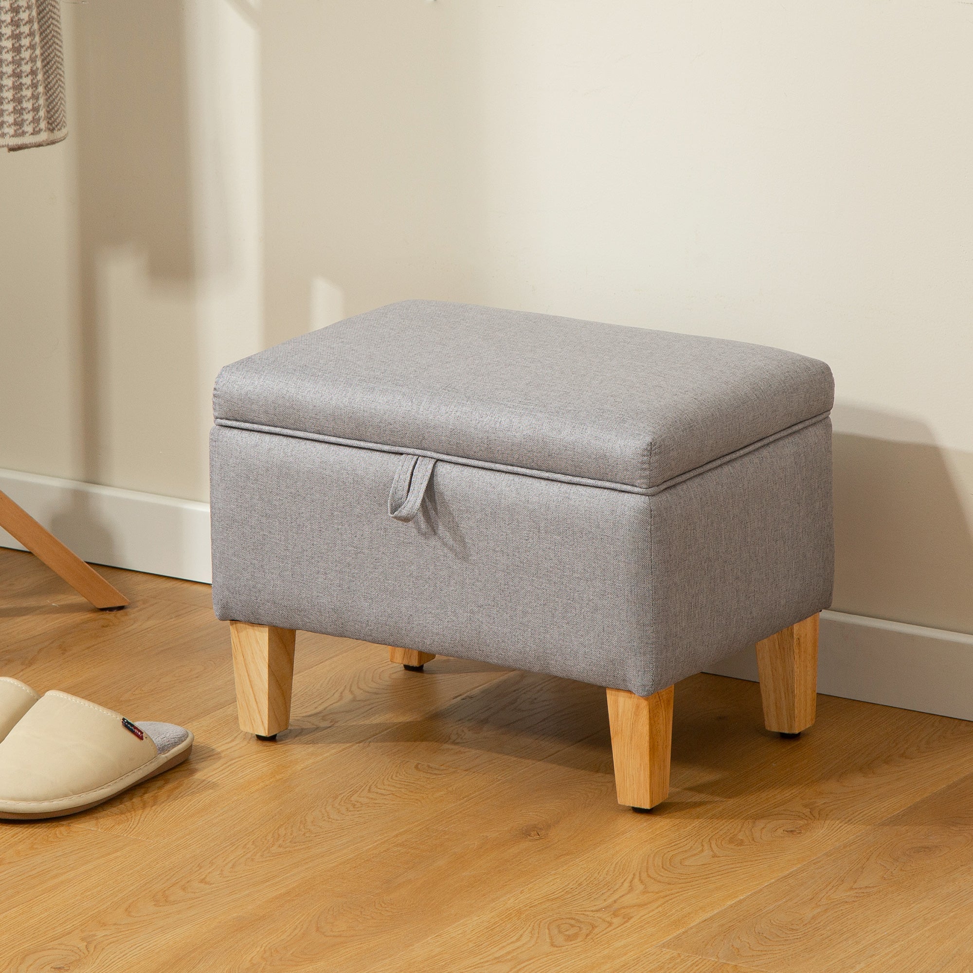 Fynco - 16L Linen Storage Ottoman Padded Footstool with Rubberwood Legs for Storage Box, Bed End, Shoe Bench, Seating, Light Grey