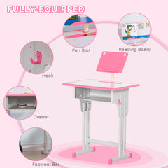 Kids Adjustable Desk and Chair Set, Book Stand, Pen Slot - Pink