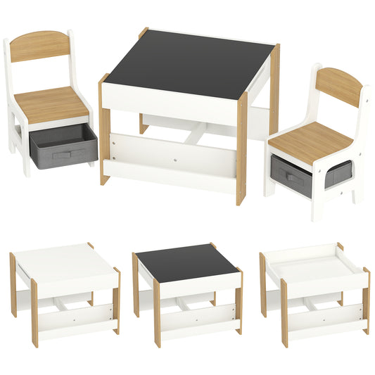 Three-Piece Kids Table and Chair Set with Blackboard, Storage, Bookshelves - Natural Wood