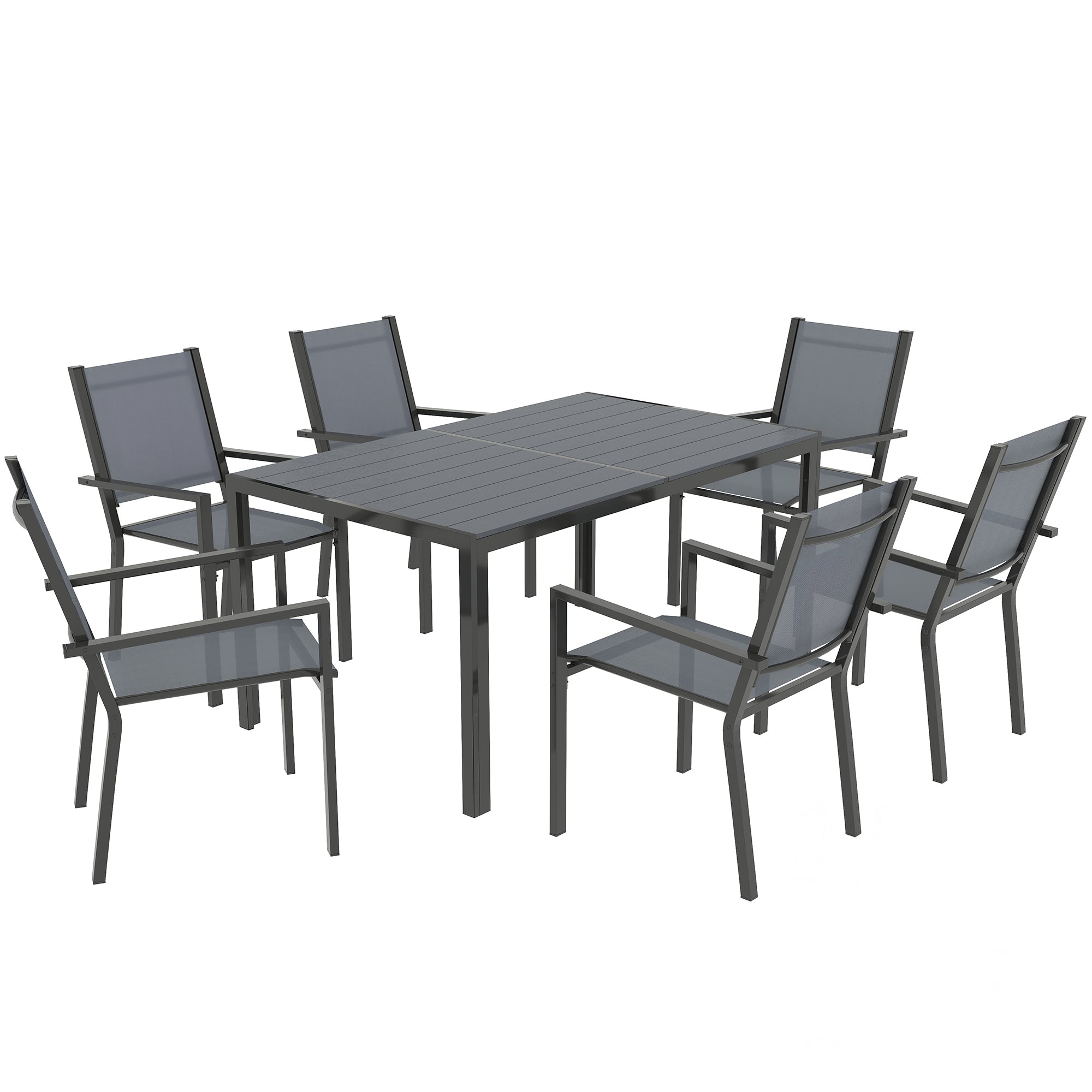 7 Piece Garden Dining Set, Outdoor Furniture Set with 6 Stackable Chairs and 150 cm Rectangle Table, WPC Slatted Top, Rust-Resistant Steel Frame, for Garden, Porch, Terrace
