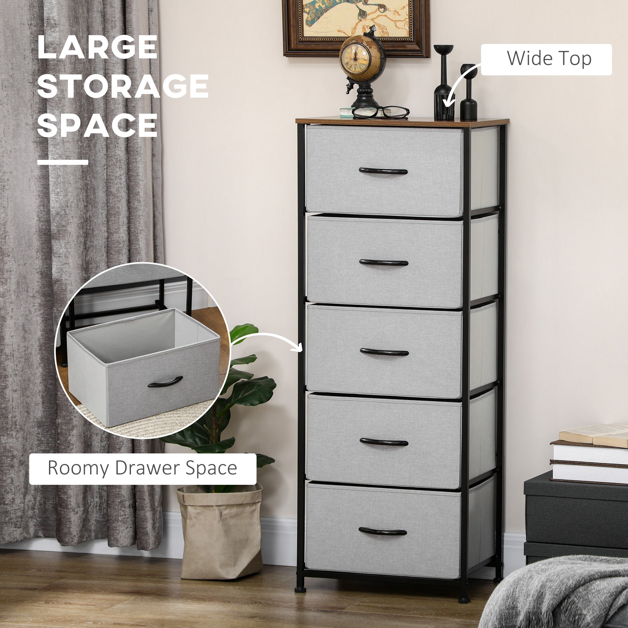 Fabric Chest of Drawers, Industrial Bedroom Dresser with 5 Fabric Drawers, Steel Frame and Wooden Top for Nursery, Living Room, Hallway, Grey