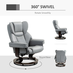 360° Swivel Recliner Chair with Footstool, PU Leather Manual Recliner Armchair with Solid Wood Base, Upholstered Reclining Chair for Living Room, Bedroom, Office, Light Grey