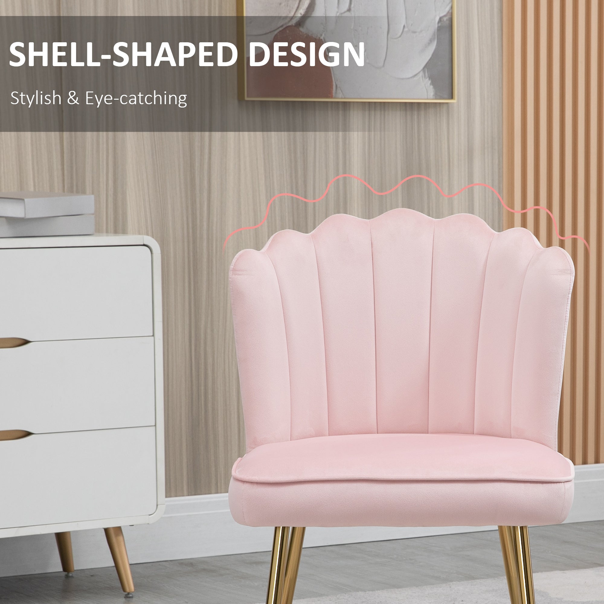 Shell Dining Chairs Set of 2, Upholstered Kitchen Chairs with Gold Metal Legs and Backrest, Velvet Fabric Lounge Leisure Chairs for Living Room, Reception Room, Pink