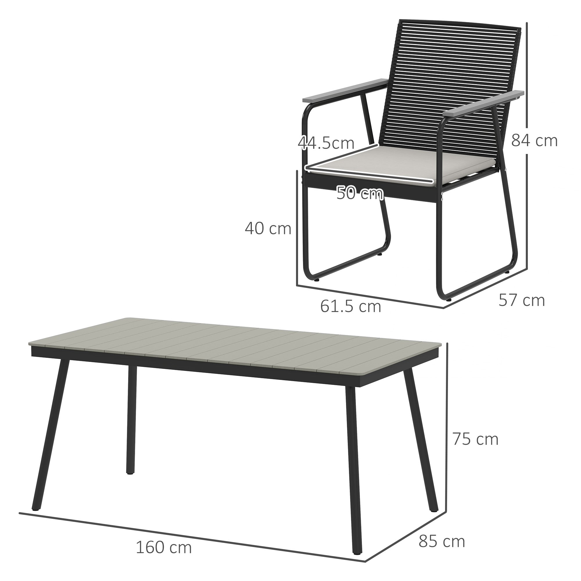 6 Seater Garden Dining Set with Soft Cushions, Rattan Backrest, Rectangular Plastic Top, Garden Furniture Set, Outdoor Dining Table and Chairs for Patio, Balcony, Poolside, Grey