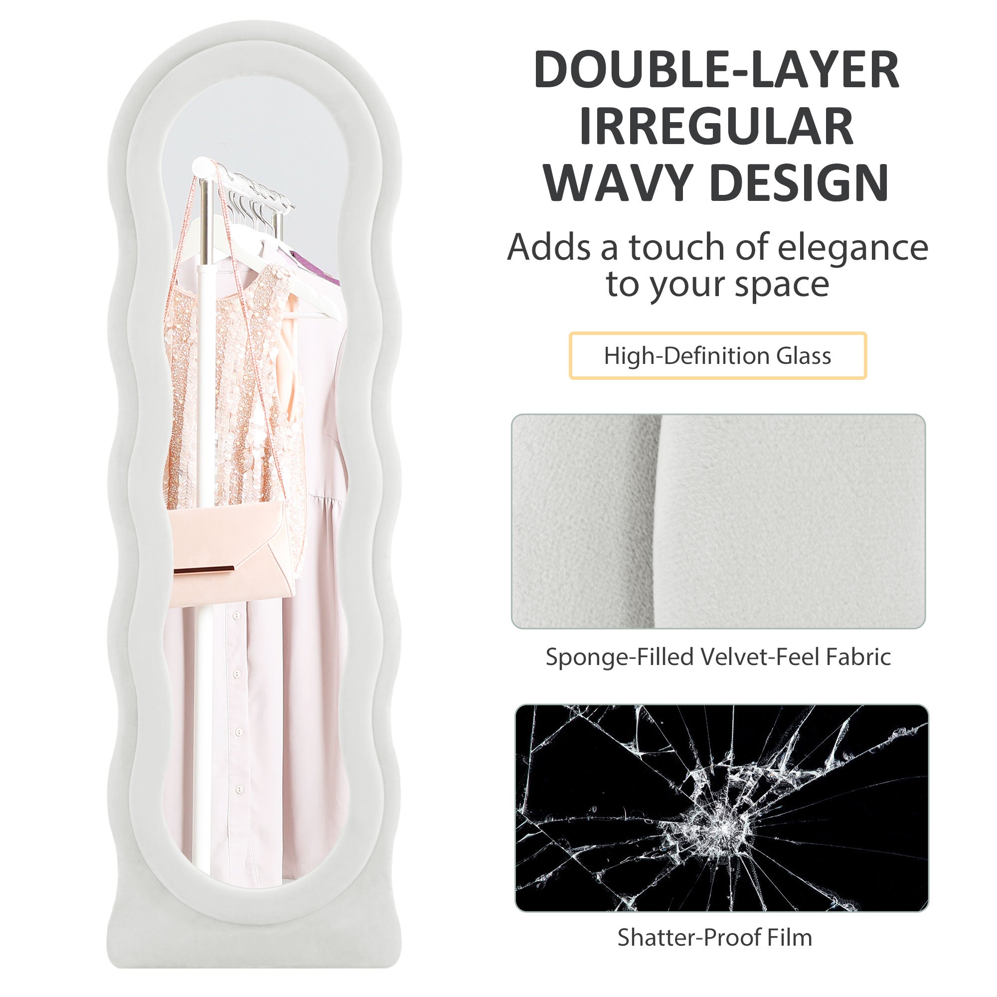 Wavy Velvet-Feel Full Length Mirror - White