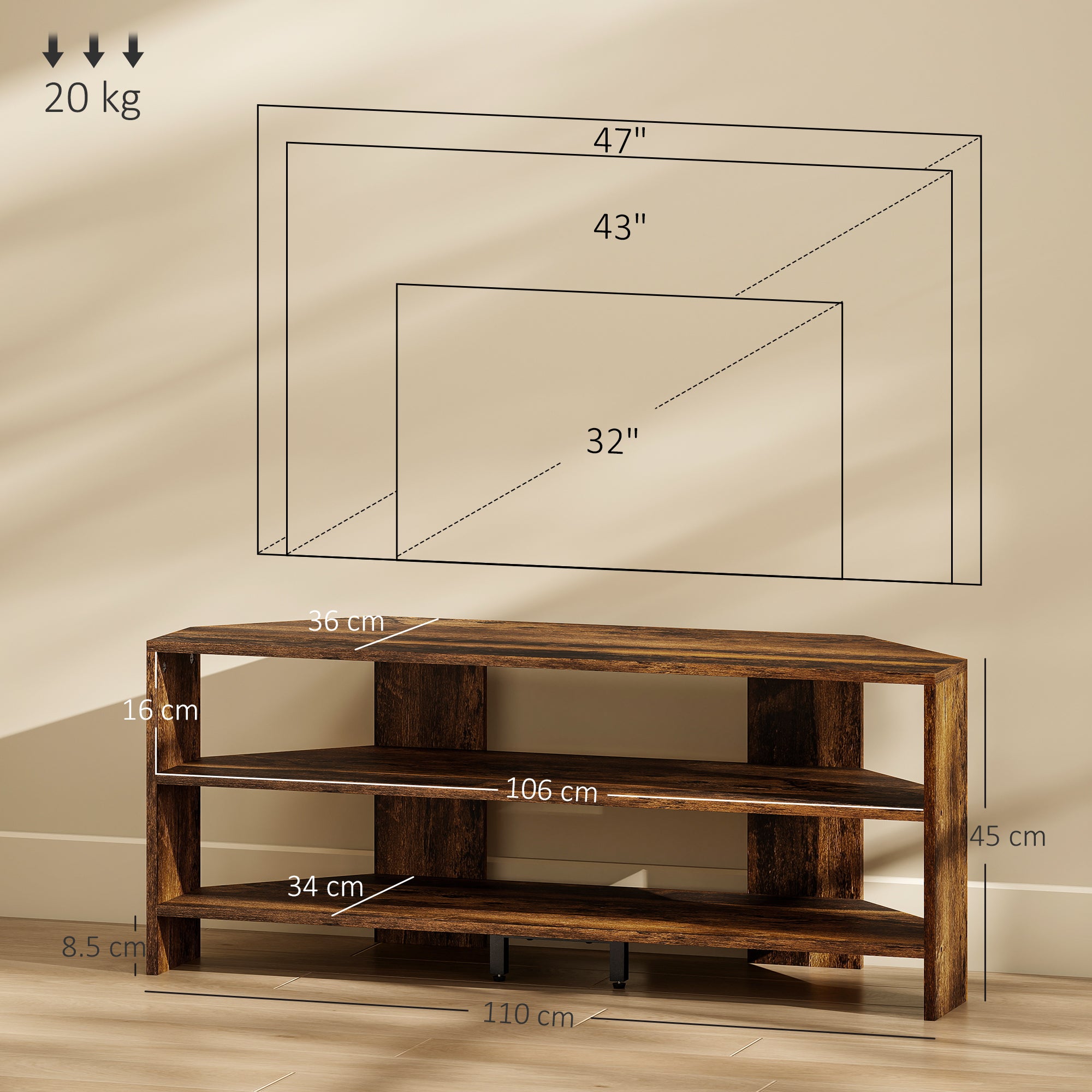 Corner TV Stand with 2 Open Shelves for 47 Inch TV - Rustic Brown