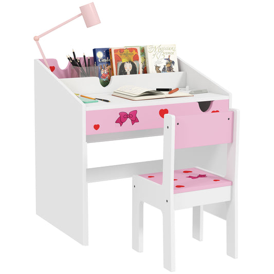 AIYAPLAY Children Study Table and Chair, Kids Desk and Chair Set with Storage, Pull-Out Drawer, for Ages 3-6 Years, Pink