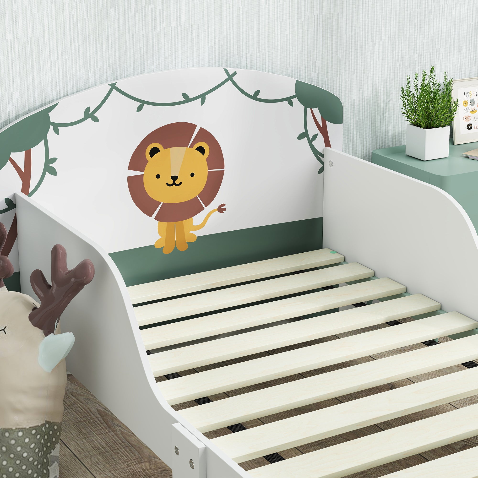 AIYAPLAY Toddler Bed with Storage, Guardrails, Lion Design, for Ages 3-8 Years, Fits 140 x 70cm Mattress, Green