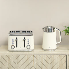Electric Kettle and Toaster Set, 3000W 1.7L UK Strix Thermostat Rapid Boil Jug Kettle with Limescale Filter, Cool Touch Body, 4 Slice Toaster with 7 Browning Controls, Crumb Tray, Cream