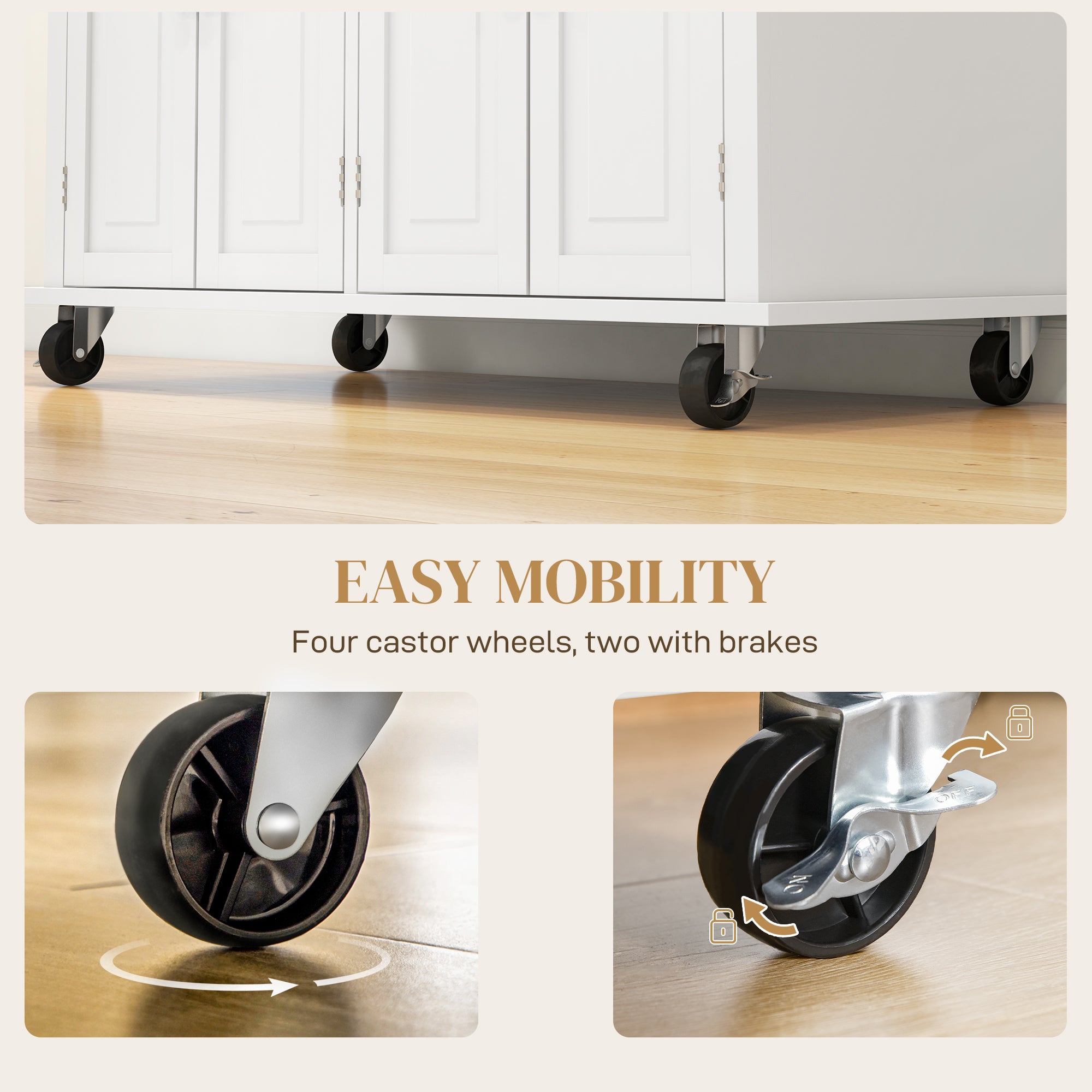 Rolling Kitchen Island Storage Trolley with Rubber Wood Top & Drawers for Dining Room, Cream White