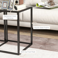 Nesting Tables Set of 2, Side End Table with Tempered Glass Top and Steel Frame for Living Room, Bedroom, Black