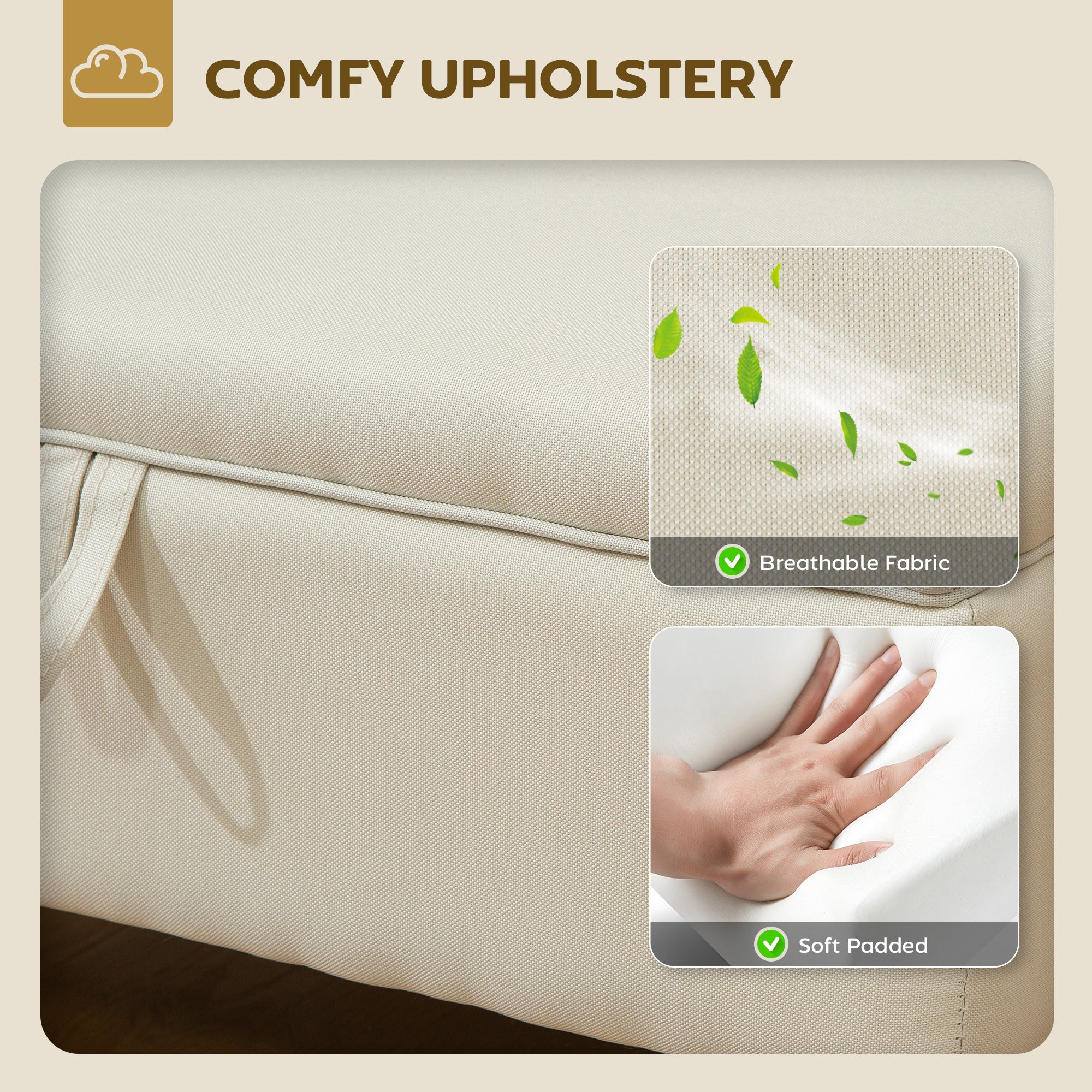 Fynco - 30L Linen Storage Ottoman Padded Footstool with Rubberwood Legs for Storage Box, Bed End, Shoe Bench, Seating, Beige