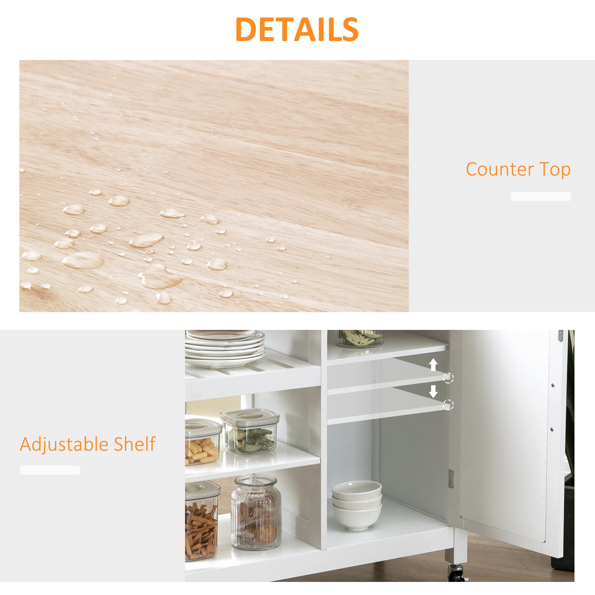 Kitchen Trolley, Kitchen Island on Wheels with Embossed Door Panel, Utility Kitchen Cart with 3 Storage Shelves, White