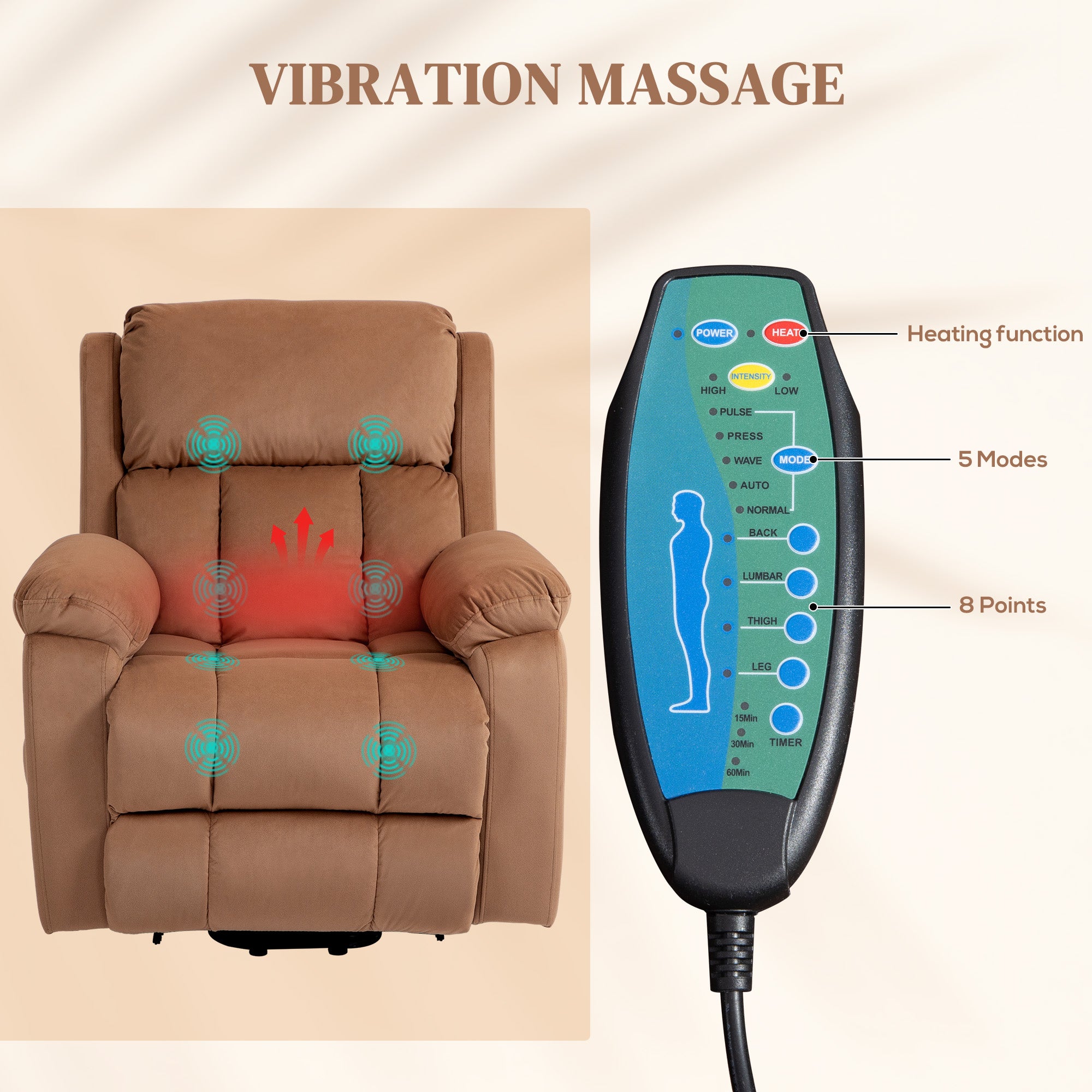 Eight Massage Point Electric Reclining Lift Chair, with Remote - Brown