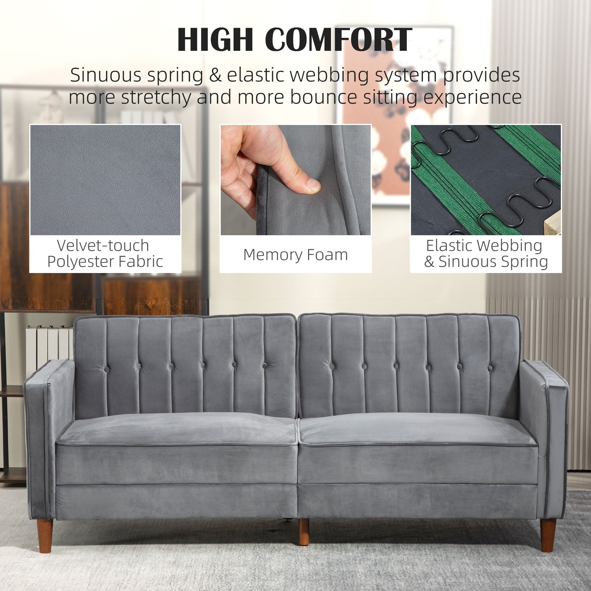 Velvet-Feel Three-Seater Sofa Bed - Dark Grey
