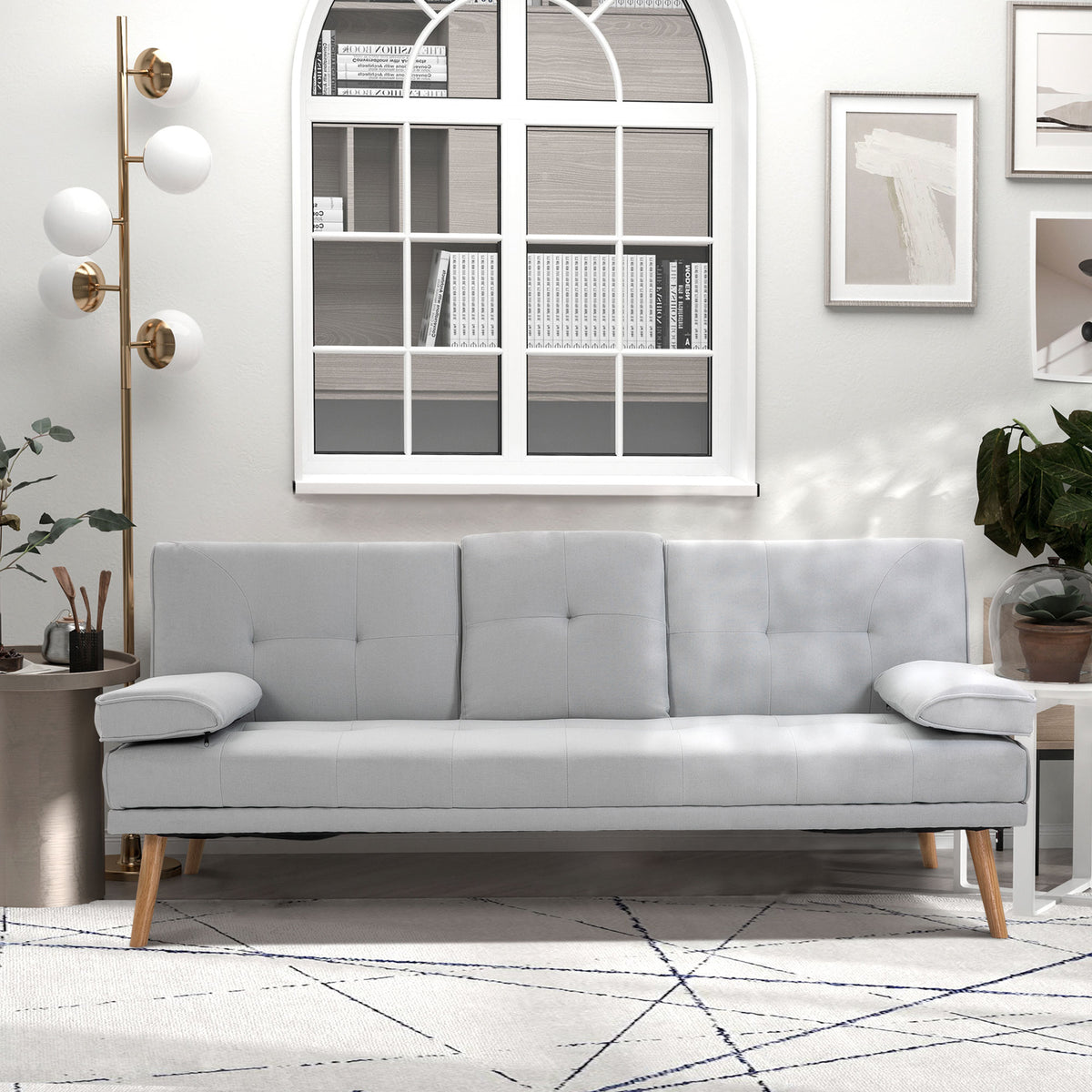 Fabric Click Clack Sofa Bed with 2 Cup Holders, Convertible Futon Settee, Futon Recliner Lounge for Living Room, Spare Room, Bedroom, Grey