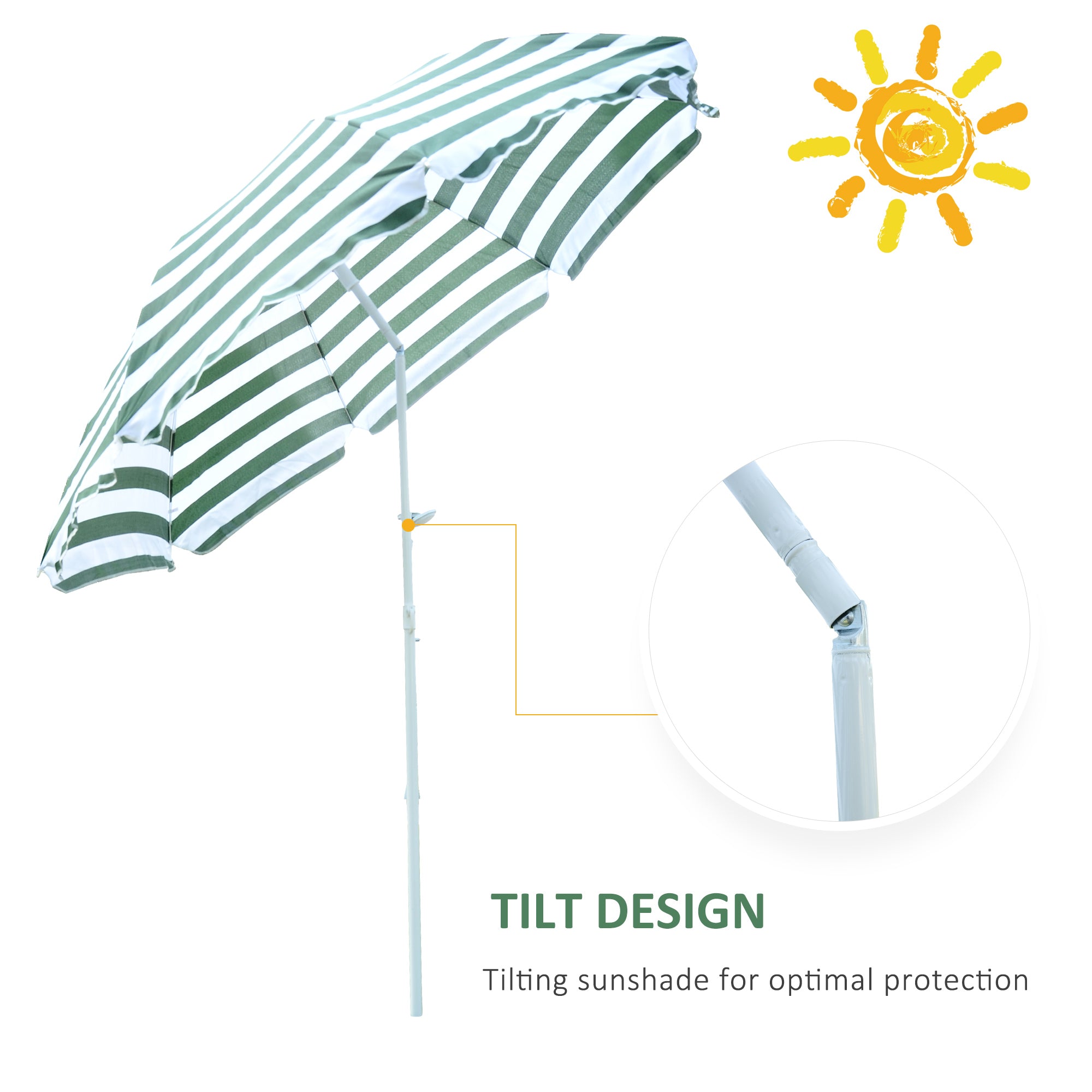 1.8m Beach Parasol Umbrella with Tilt Canopy, Lightweight Patio Garden Sunshade with 8 Ribs, Green & White Stripe