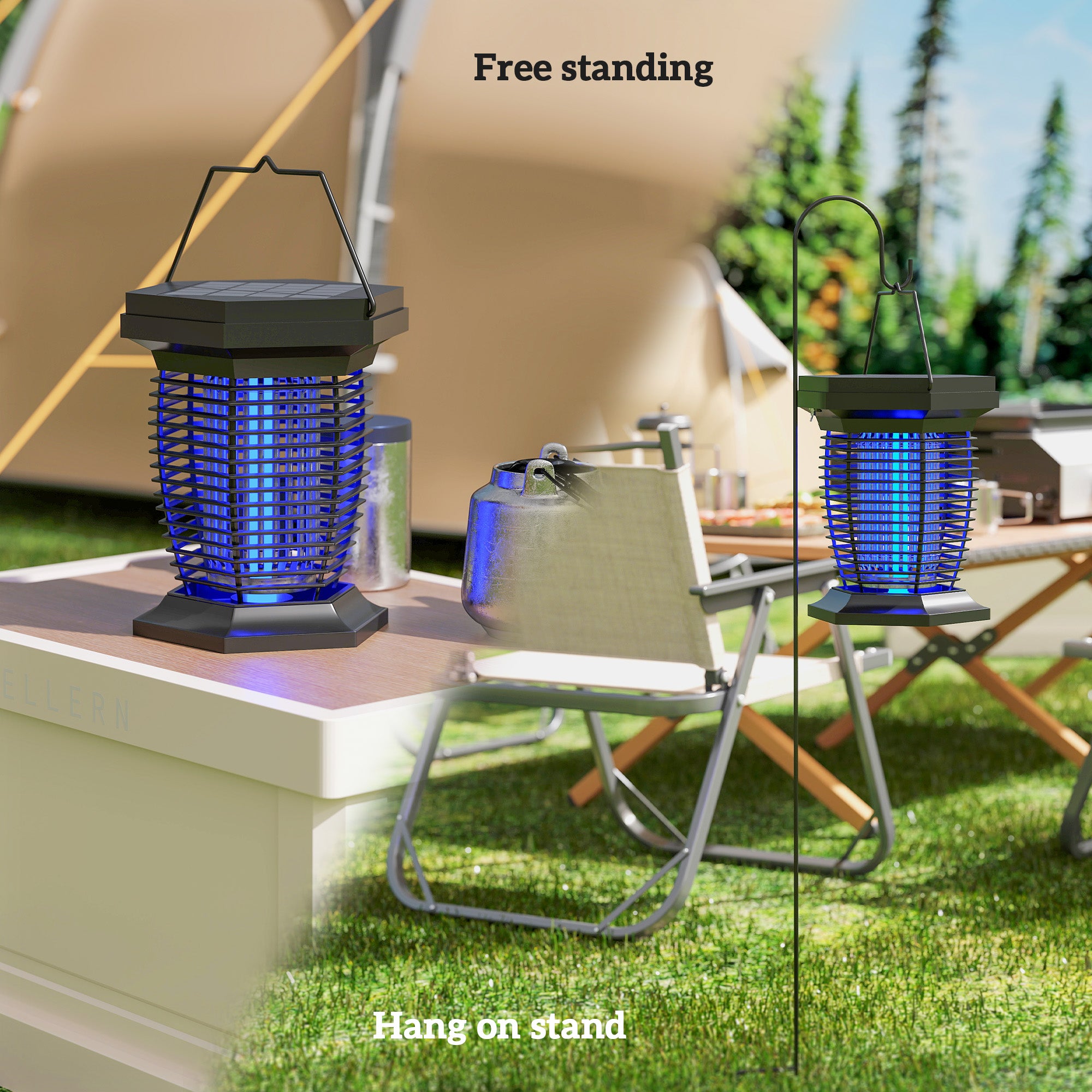 2-in-1 Electric Fly Zapper with UVA Light, Hanging Garden Lantern, Solar and USB-DC Rechargeable Insect Mosquito Bug Zapper, Fly Killer for Indoor and Outdoor Use, Black