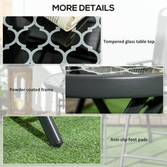 Φ45cm Garden Side Table, Outdoor Round Folding Patio Table with Imitation Marble Glass Top, Small Coffee Table, Black and White