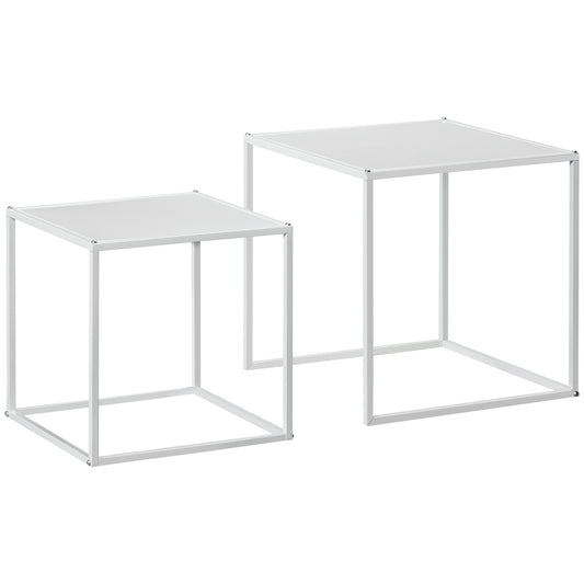 Square Nesting Coffee Table Set of 2, Modern Nest of Tables, Sofa Side Tables with Steel Frame for Living Room, Bedroom, Small Space, White