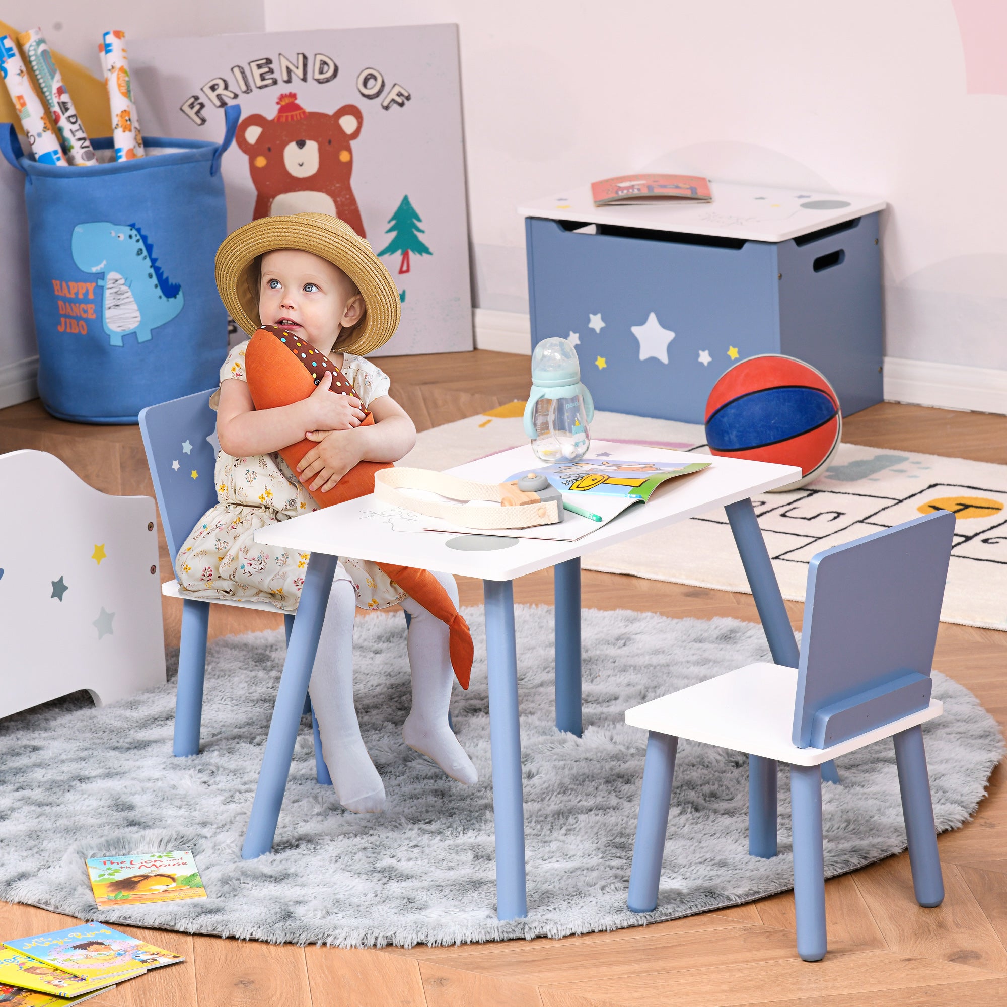 3 Pcs Kids Table & Chairs Set w/ Wood Legs Safe Corners Cute Stars Seating Mini Furniture Home Playroom Bedroom Dining Room Blue