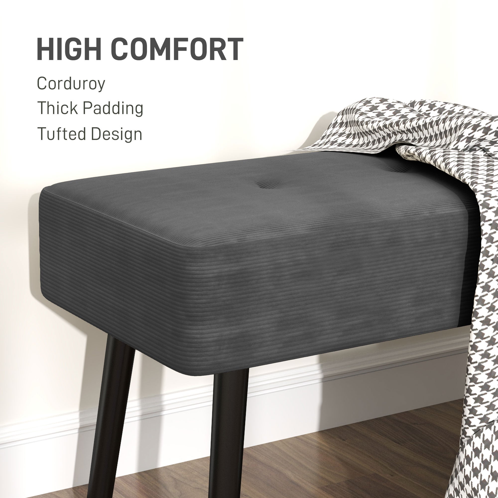 End of Bed Bench, Corduroy Bedroom Bench with Thick Padding and Steel Legs, Tufted Window Seat for Entryway, Living Room, Grey