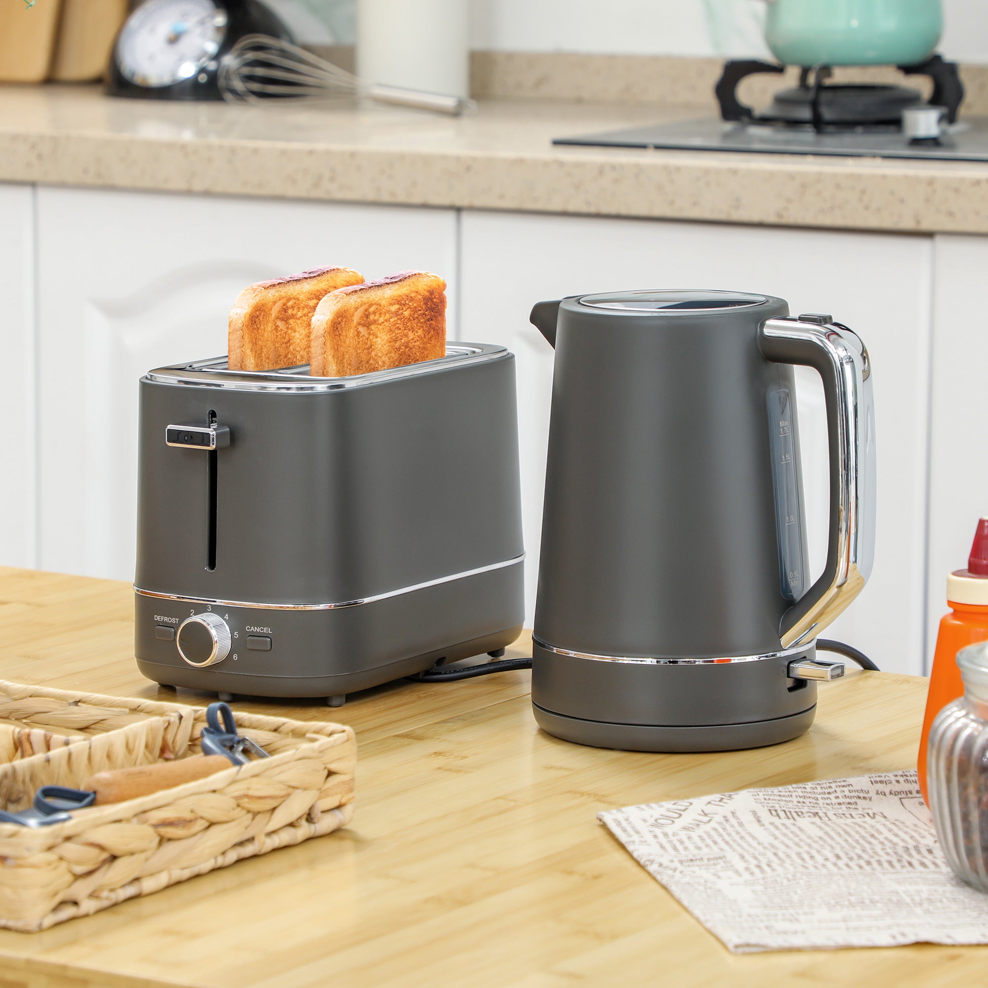 Kettle and Toaster Set, 1.7L 3000W Fast Boil Kettle & 2 Slice Toaster Kitchen Set with 6 Level Browning Controls, Defrost, Reheat, Grey