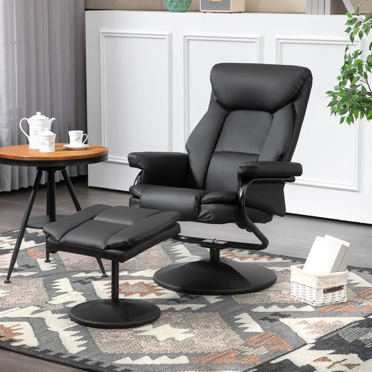 Fynco - Swivel Recliner Chair with Footstool, PU Leather Recliner Armchair with Ottoman, Steel Base, Upholstered Reclining Chair for Living Room, Bedroom, Office, Black