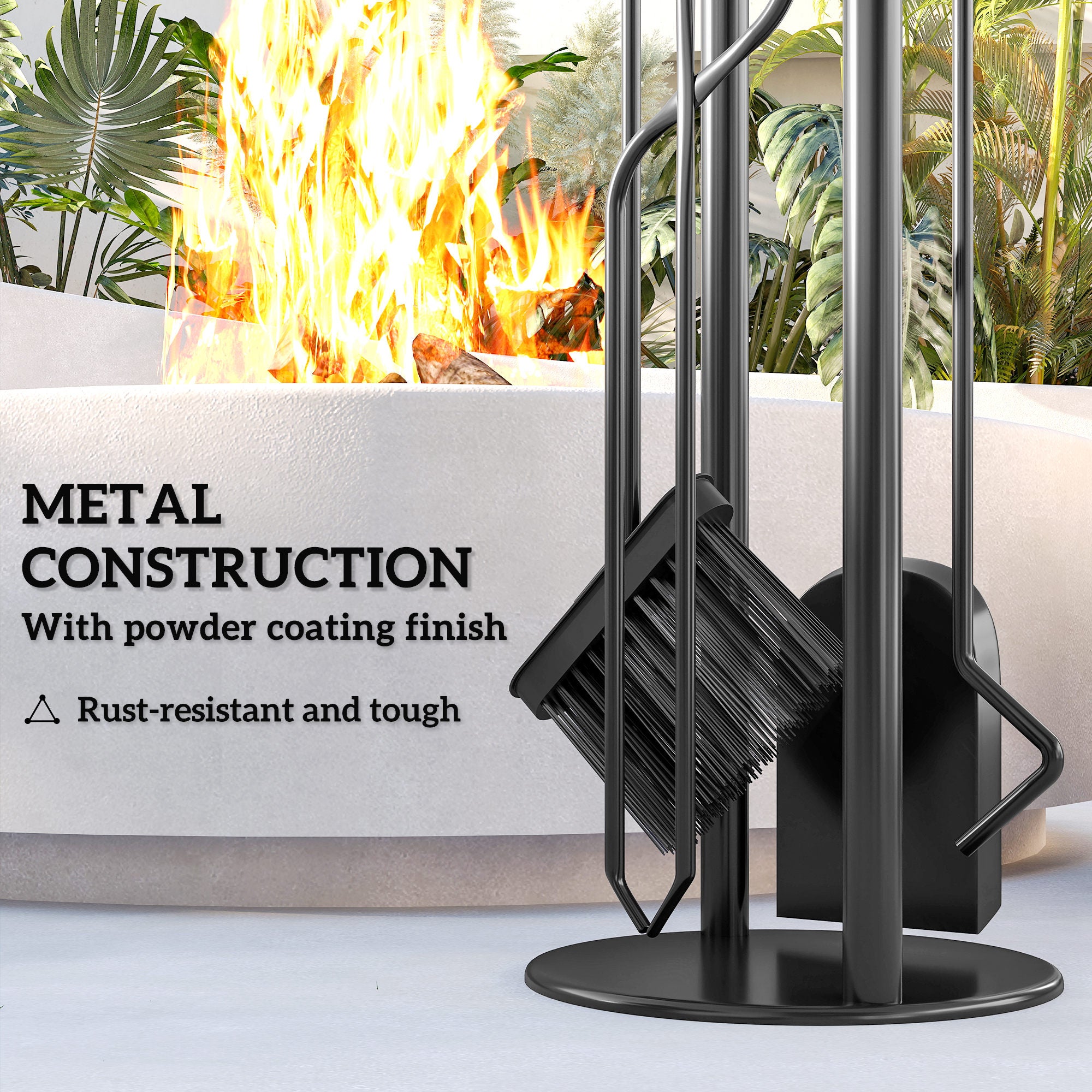 Fynco - 5 Pieces Fireplace Tools Set, Metal Fireplace Accessories Fireside Companion Set with Broom, Shovel, Poker and Bucket, Silver