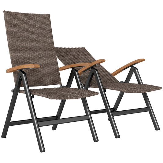 2 Pieces Folding Rattan Garden Dining Chairs with 5-level Reclining High Back, Wood Armrests for Outdoor - Brown