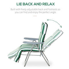 Fynco 2 Pieces Outdoor Sun Lounger Set with Cushions, Patio Folding 5-Level   Adjustable Backrest Recliner Chairs Set of 2 with High Backrest and Armrests, Green & White