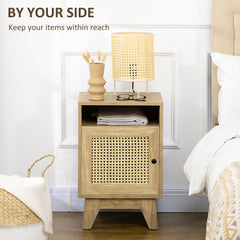 2-Piece Narrow Rattan Nightstands, Side End Table with Shelf and Cupboard, 39cm x 35cm x 60cm, Natural