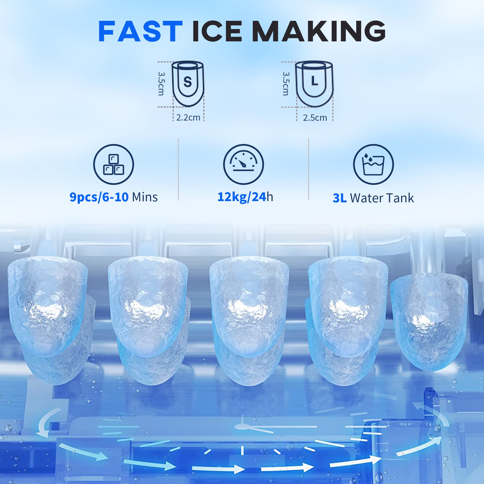 Fynco - 3L Ice Maker Machine and Water Dispenser, 12kg in 24H, 2 Sizes 9 Ice Cubes Ready in 6-10 Mins Ice Machine, Red
