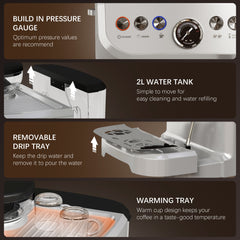 15 Bar Coffee Machine, with Adjustable Grind, Steamer and Accessories - Silver Colour