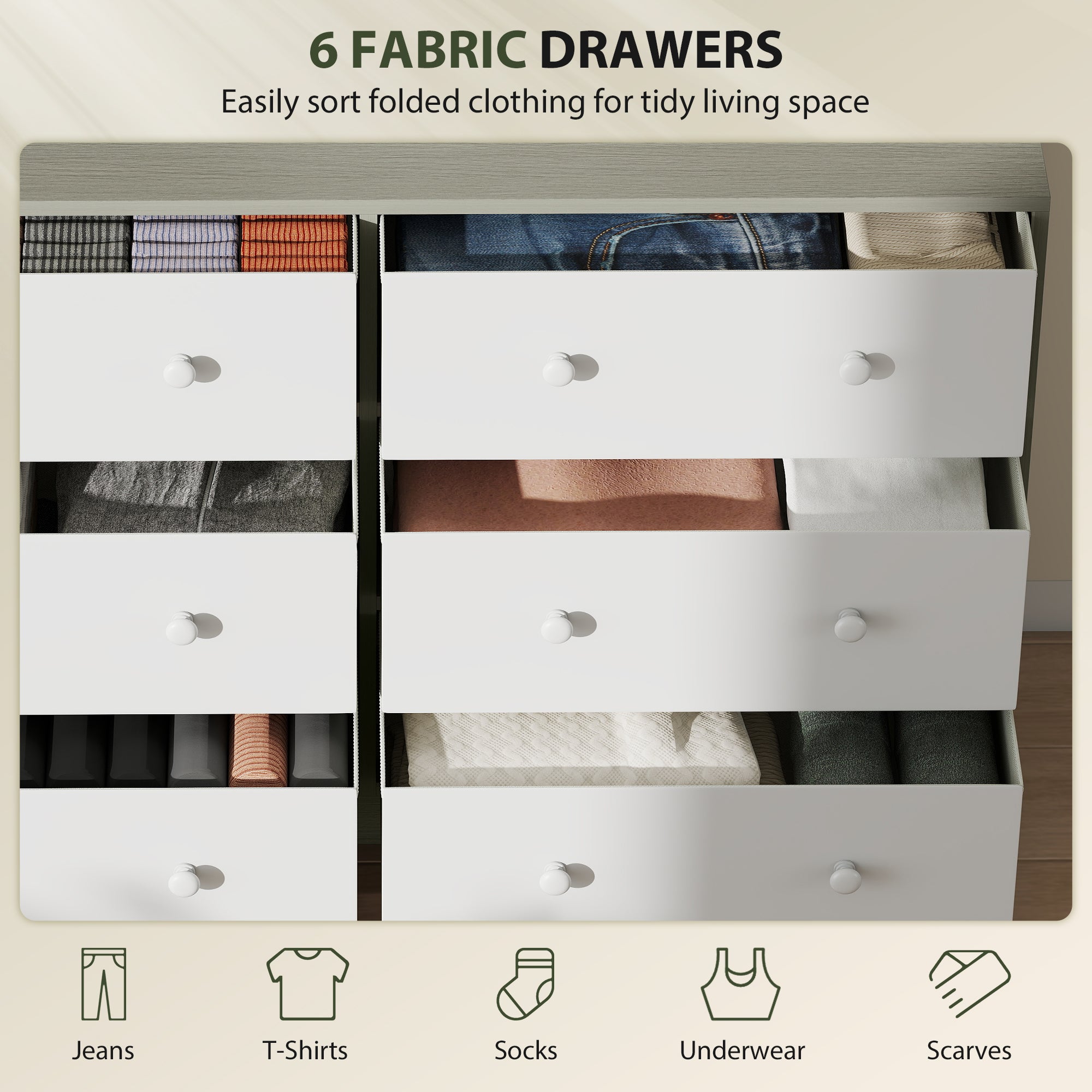 Chest of Drawers, Dresser with 6 Fabric Drawers - White and Grey