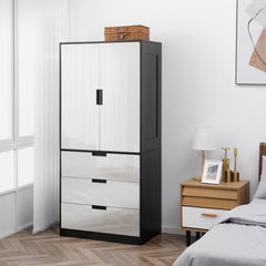 2 Door Wardrobe, Modern Wardrobe with 3 Drawers and Hanging Rod for Bedroom, High Gloss White