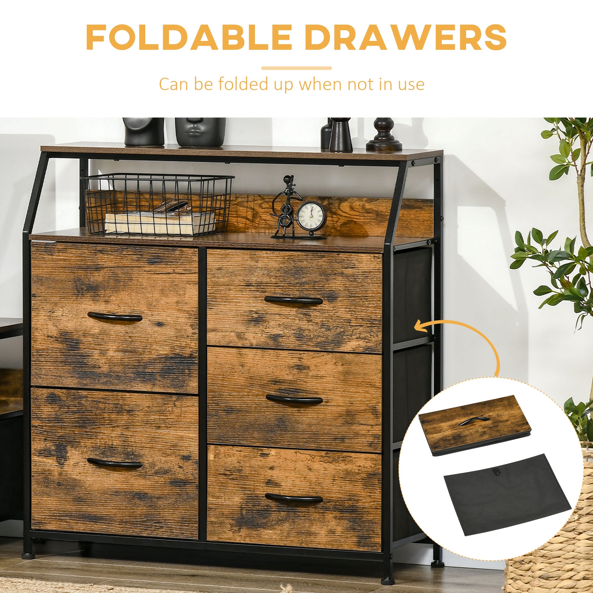 Bedroom Chest of Drawers, Industrial 5 Fabric Drawer Dresser with Open Shelf for Living Room, Rustic Brown