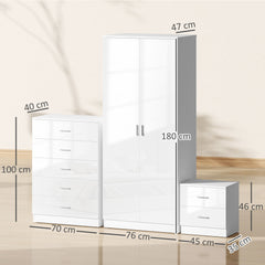 High Gloss 3 Piece Trio Bedroom Furniture Set Wardrobe + Chest Of Drawer + Bedside White