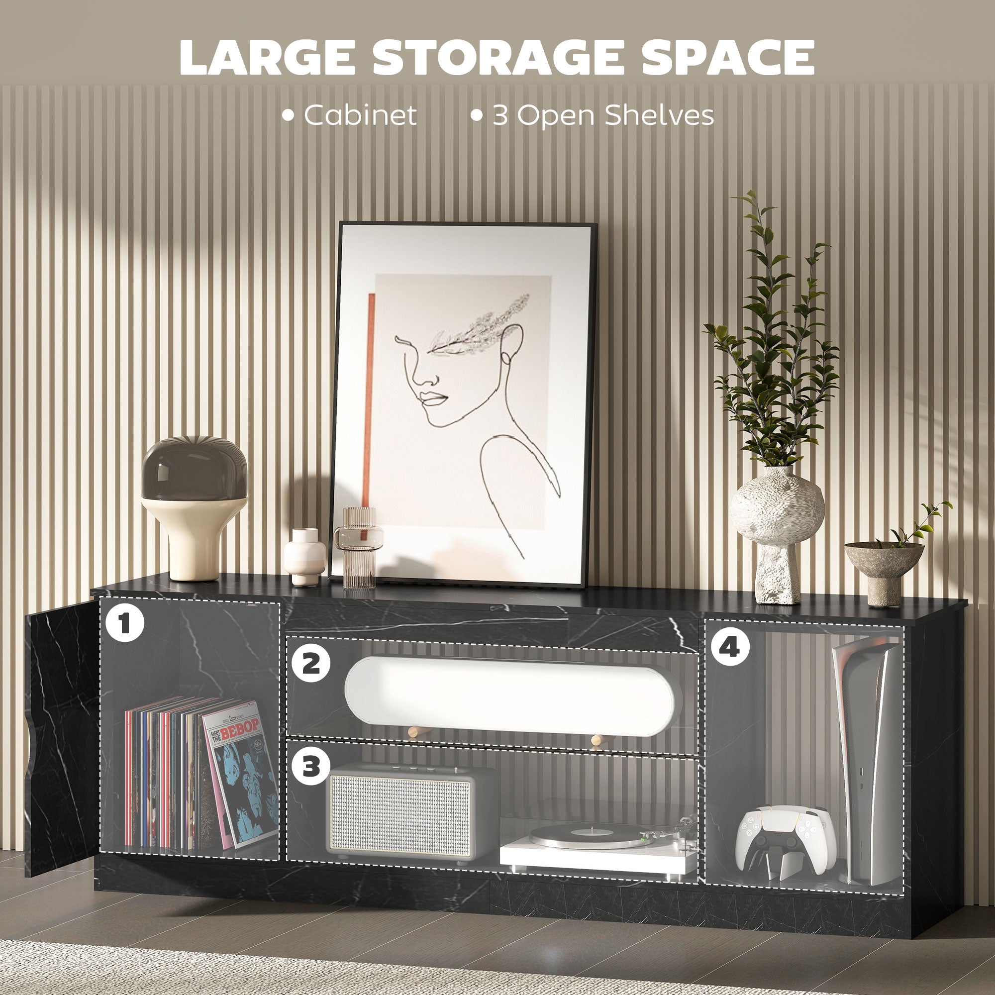 TV Stand Cabinet, Marble Effect TV Unit for up to 55" TVs with Glass Shelf and Storage Cabinet, Entertainment Unit for Living Room, Bedroom, Black
