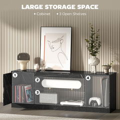 TV Stand Cabinet, Marble Effect TV Unit for up to 55" TVs with Glass Shelf and Storage Cabinet, Entertainment Unit for Living Room, Bedroom, Black