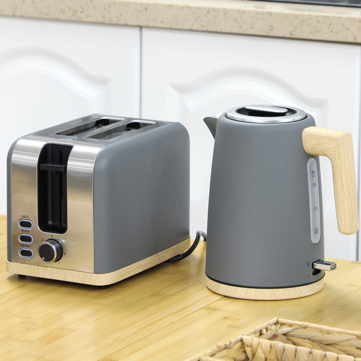 Kettle and Toaster Set, 1.7L 3000W Fast Boil Kettle & 2 Slice Toaster Kitchen Set with 7 Level Browning Controls, Defrost, Reheat, Auto Off, Boil-dry Protection, Grey