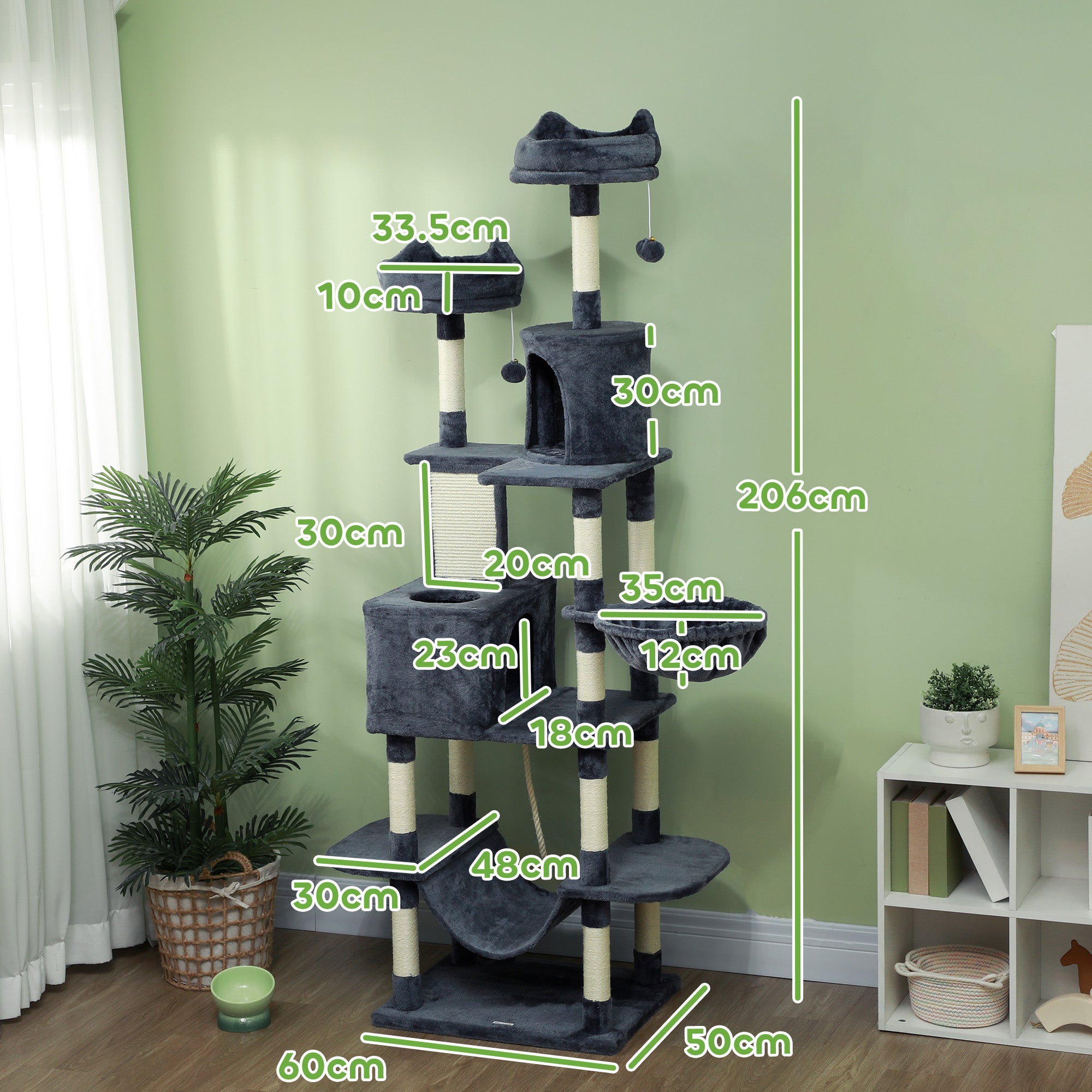 206cm Cat Tree, Multi-Level Cat Tower with Scratching Posts and Board, Beds, Condos, Platforms, Toy Balls, Dark Grey
