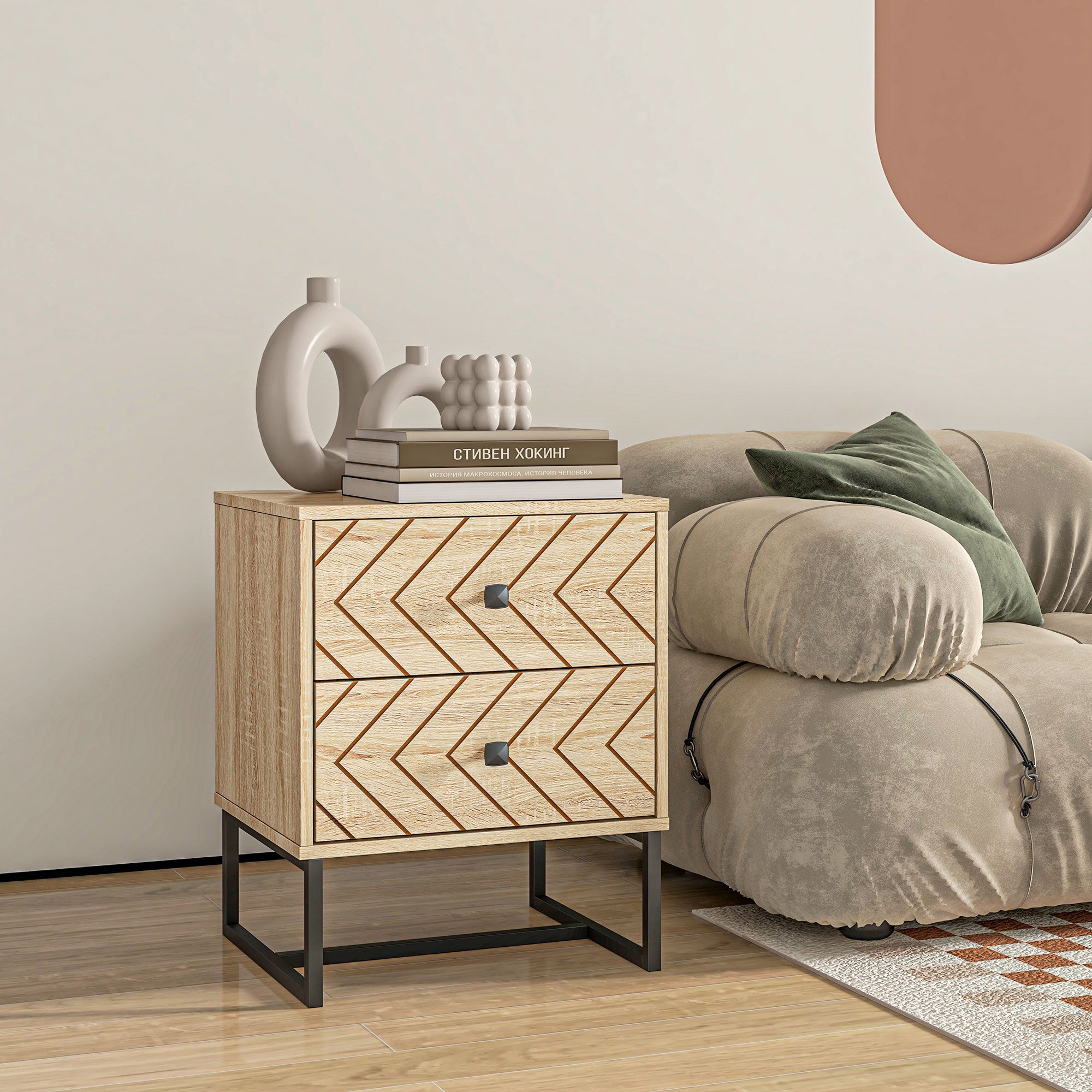 Bedside Table Nightstand Two-Drawer Bedroom Storage Unit Zig Zag Design with Black Metal Handles, Natural