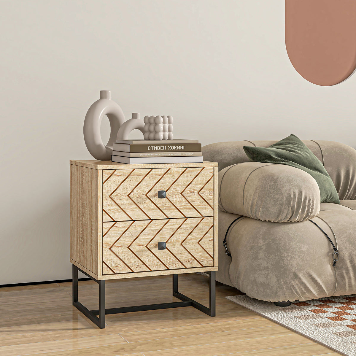 Bedside Table Nightstand Two-Drawer Bedroom Storage Unit Zig Zag Design with Black Metal Handles, Natural