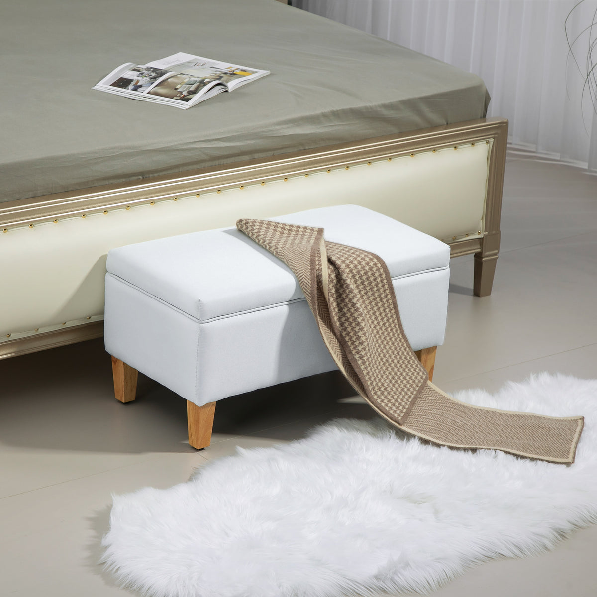 30L Linen Storage Ottoman Padded Footstool with Rubberwood Legs for Storage Box, Bed End, Shoe Bench, Seating, Cream White