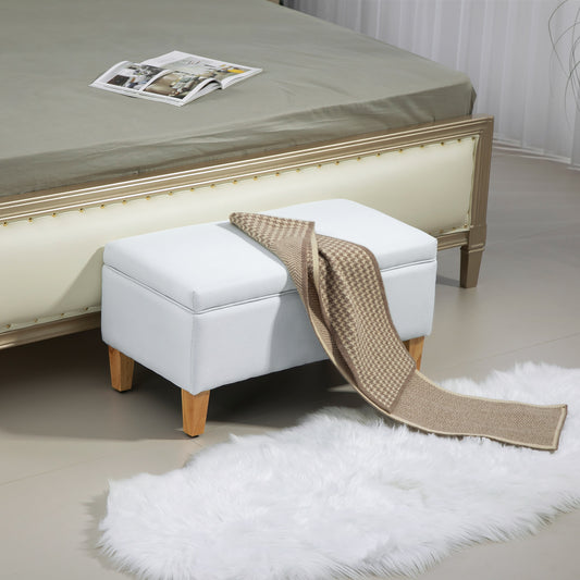 30L Linen Storage Ottoman Padded Footstool with Rubberwood Legs for Storage Box, Bed End, Shoe Bench, Seating, Cream White