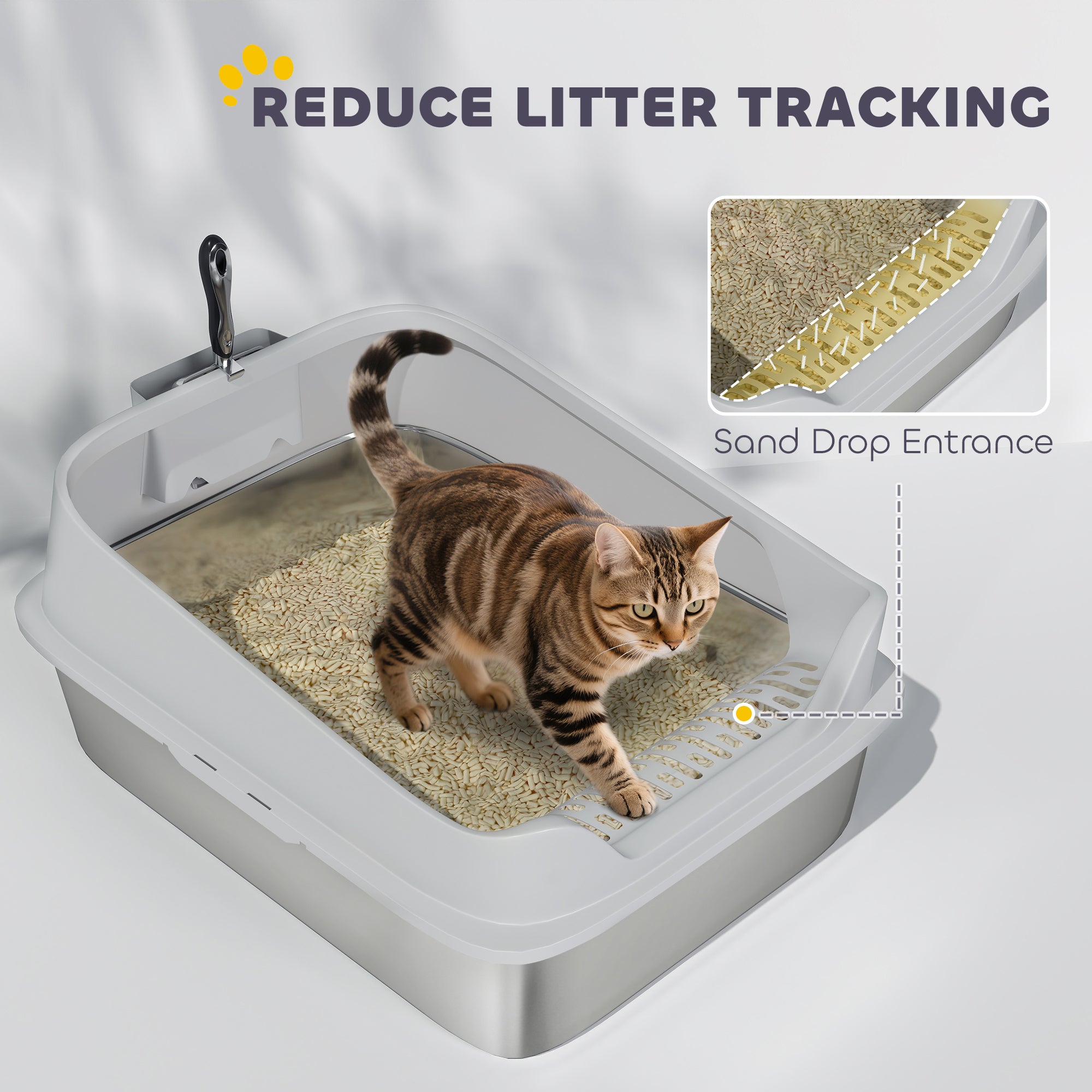 XXL Stainless Steel Cat Litter Box with High Sides, Metal Scoop, 70 x 50 x 30 cm